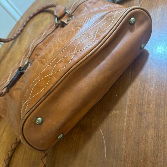 Patricia Nash Zamora Tooled Leather Tote Brown Braided Handles faux suede lined - Picture 7 of 9